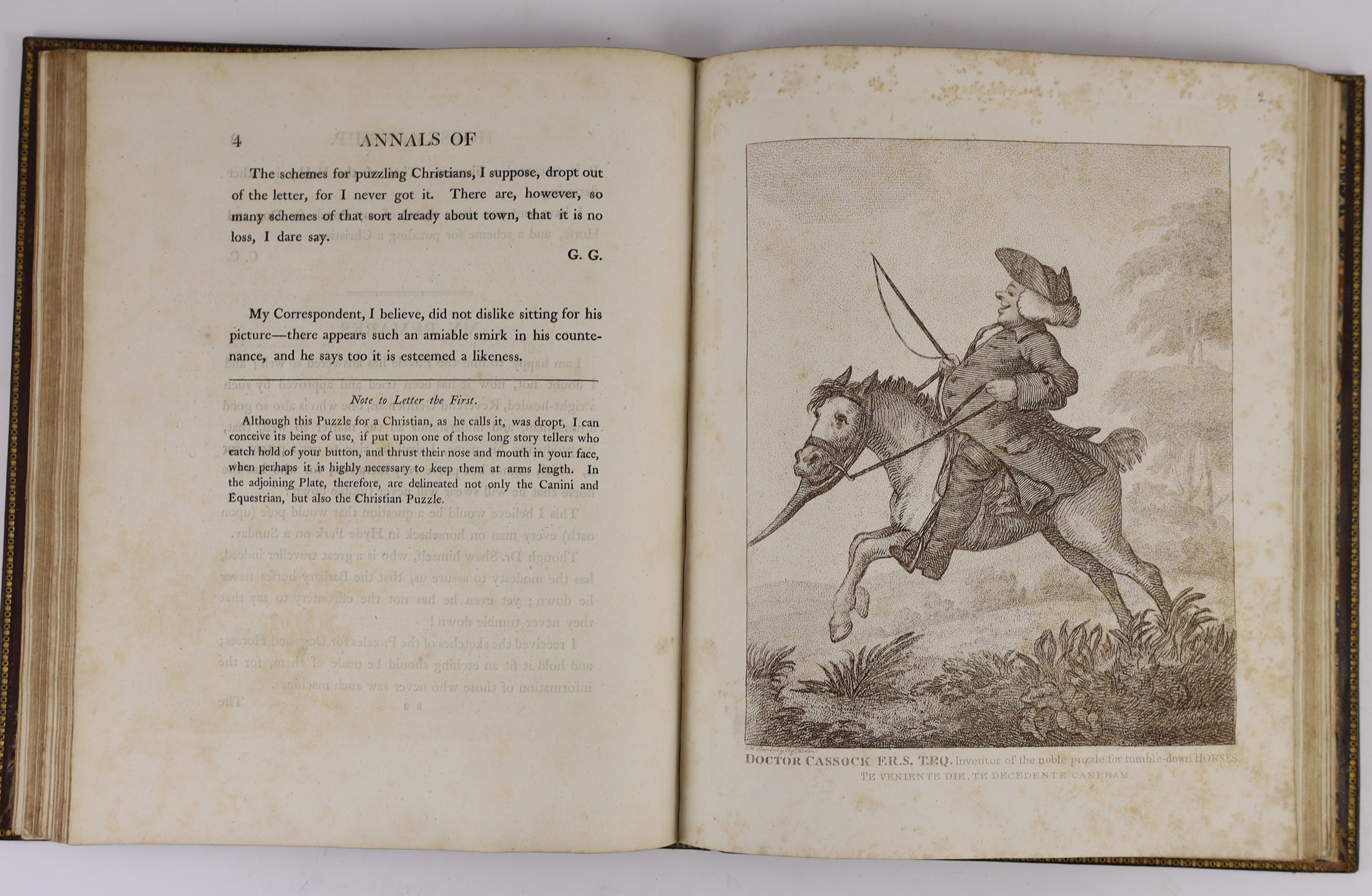 Bunbury, Henry W, - An Academy for Grown Horseman, 4th edition, illustrated by Thomas Rowlandson, with 14 uncoloured plates, bound with Annals of Horsemanship, with uncoloured 15 plates, 2 vols in 1, 4to, grained red mor